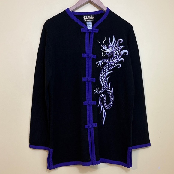 Bob Mackie Wearable Art Black Purple Dragon Embroidery Oversized Knit Cardigan S - Picture 1 of 17